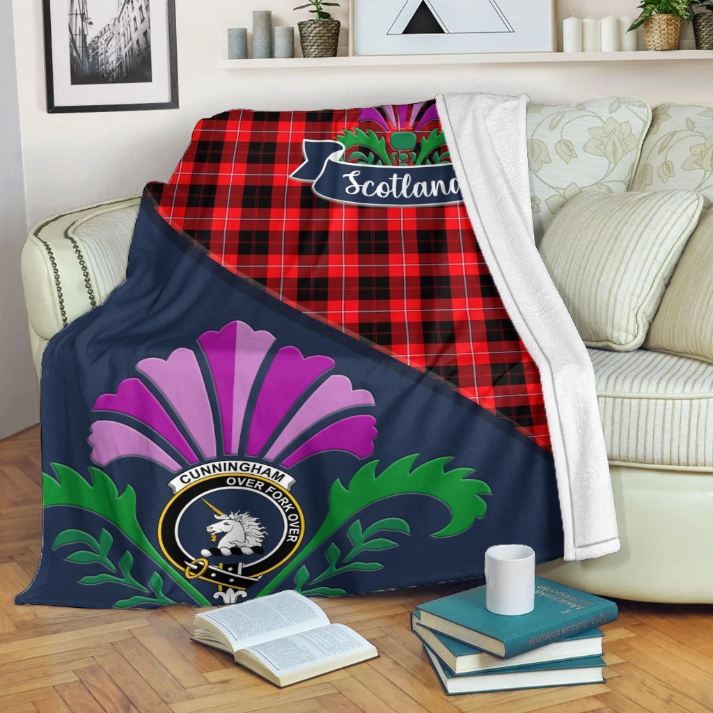 Cunningham Tartan Crest Premium Blanket - Thistle Style