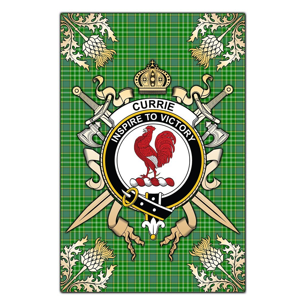 Currie Tartan Crest Black Garden Flag - Gold Thistle Style