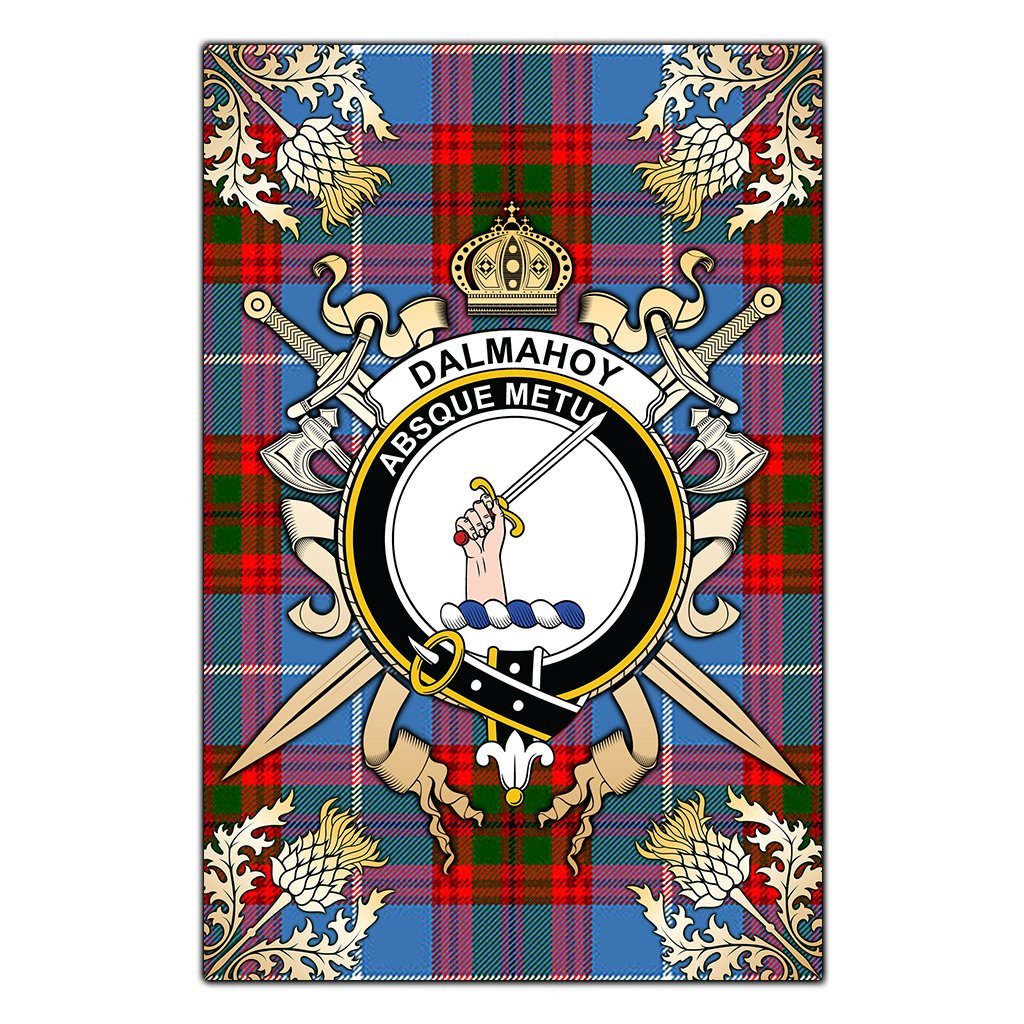 Dalmahoy Tartan Crest Black Garden Flag - Gold Thistle Style