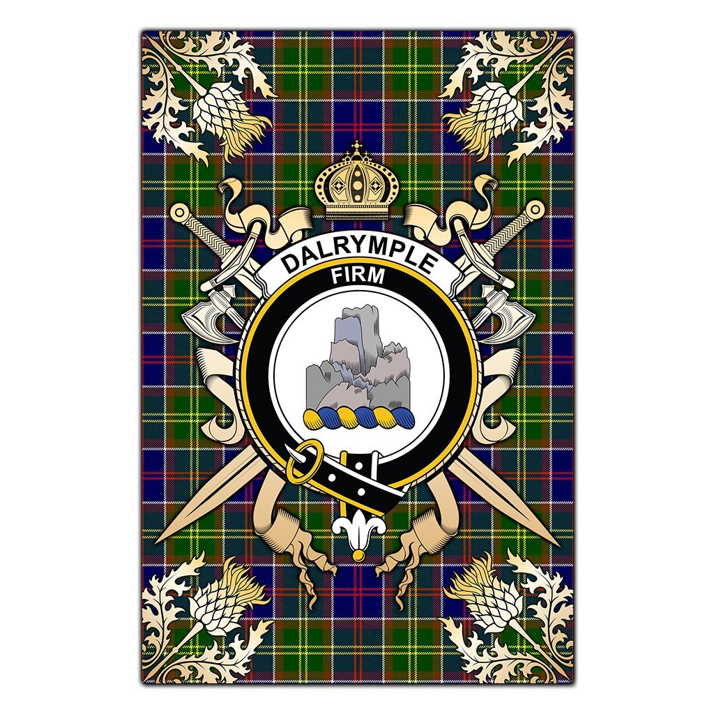 Dalrymple Tartan Crest Black Garden Flag - Gold Thistle Style