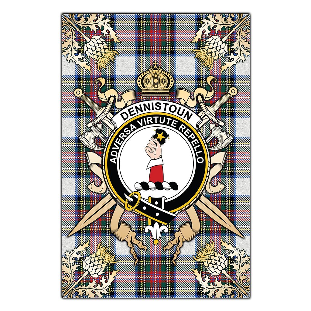 Dennistoun Tartan Crest Black Garden Flag - Gold Thistle Style