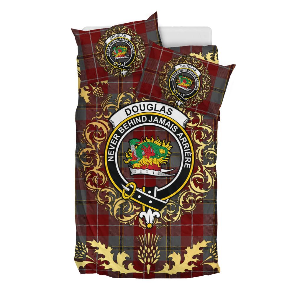 Douglas Ancient Red Tartan Crest Bedding Set - Golden Thistle Style