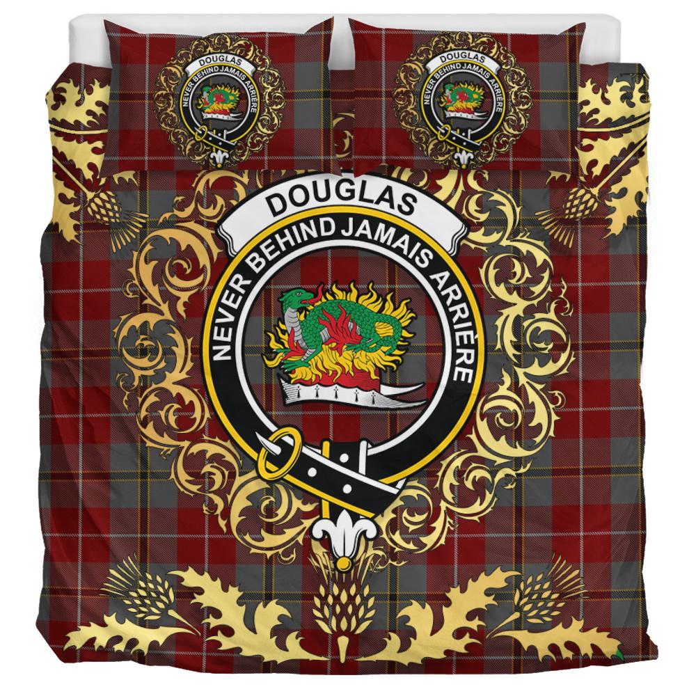 Douglas Ancient Red Tartan Crest Bedding Set - Golden Thistle Style