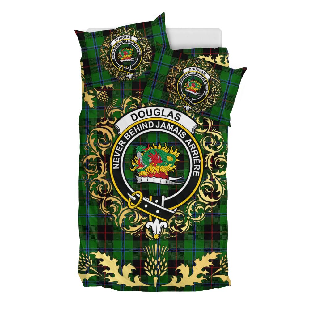 Douglas Black Tartan Crest Bedding Set - Golden Thistle Style