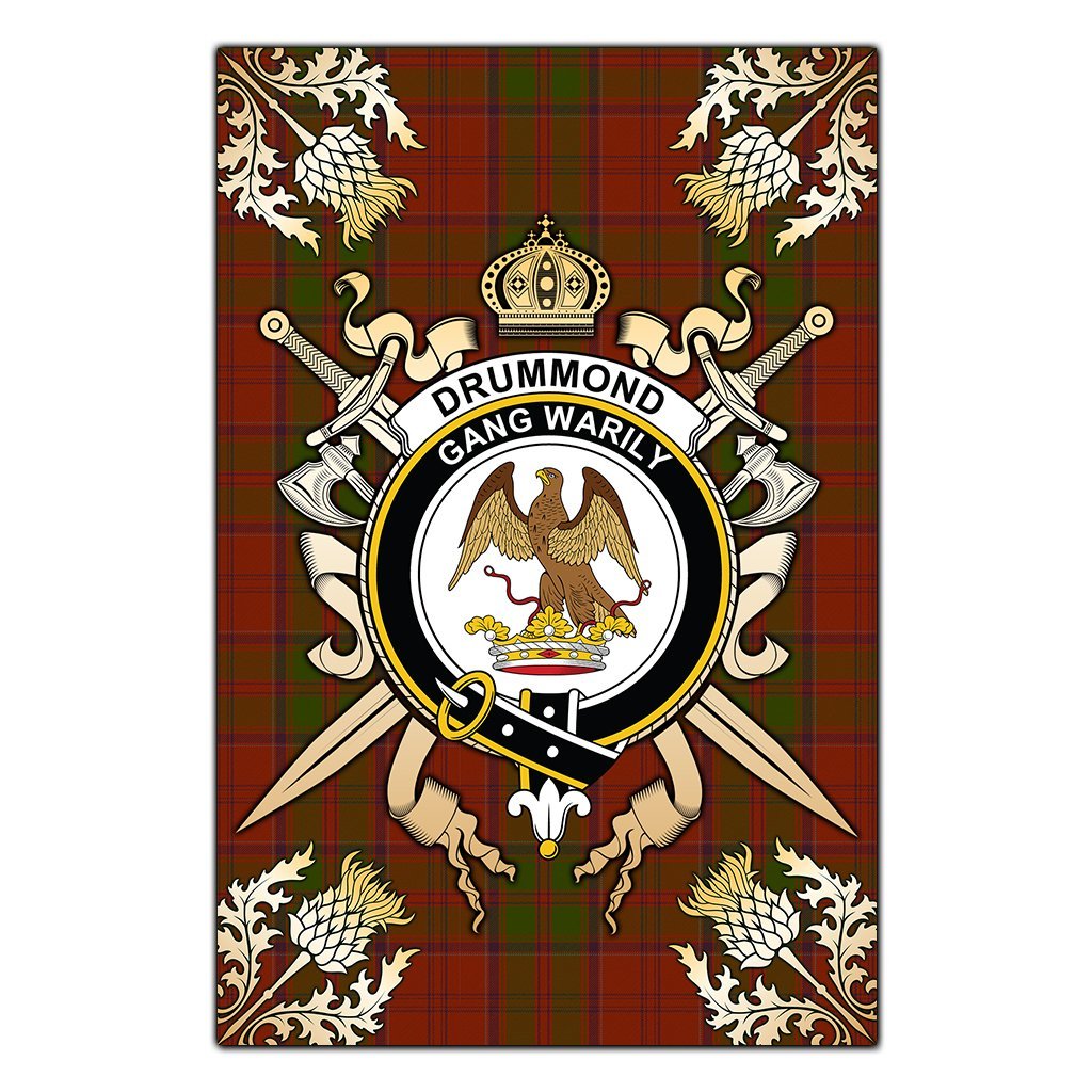 Drummond Tartan Crest Black Garden Flag - Gold Thistle Style
