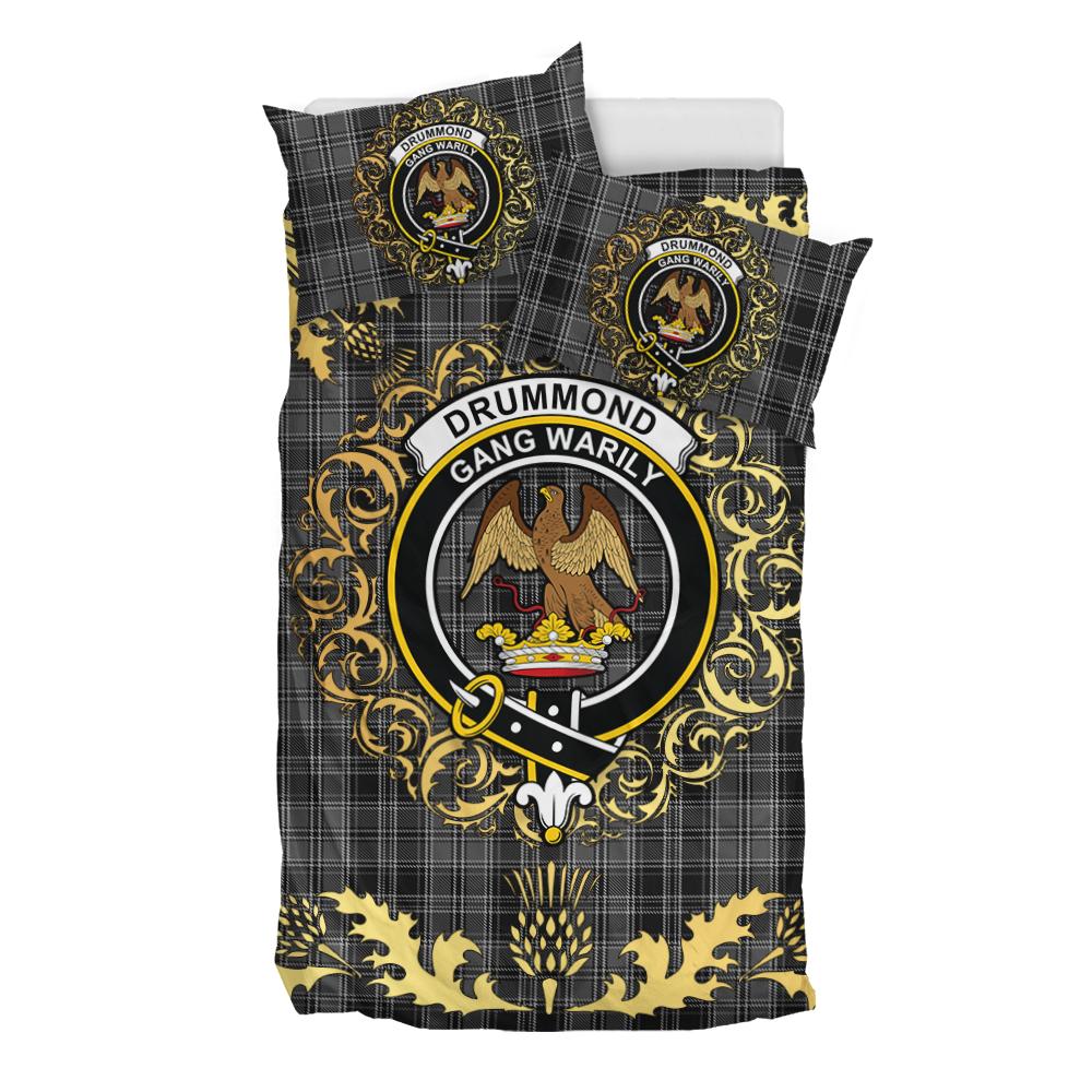 Drummond Grey Tartan Crest Bedding Set - Golden Thistle Style