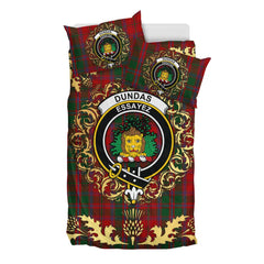 Dundas Red Tartan Crest Bedding Set - Golden Thistle Style