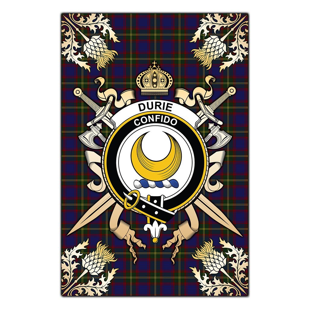 Durie Tartan Crest Black Garden Flag - Gold Thistle Style