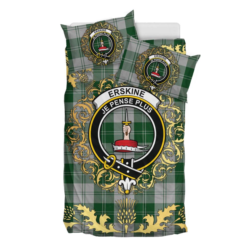 Erskine Green Tartan Crest Bedding Set - Golden Thistle Style