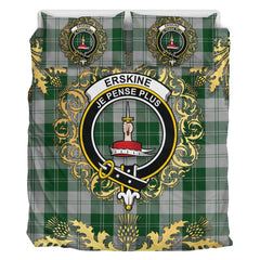 Erskine Green Tartan Crest Bedding Set - Golden Thistle Style