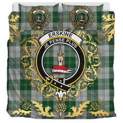 Erskine Green Tartan Crest Bedding Set - Golden Thistle Style