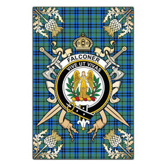 Falconer Tartan Crest Black Garden Flag - Gold Thistle Style