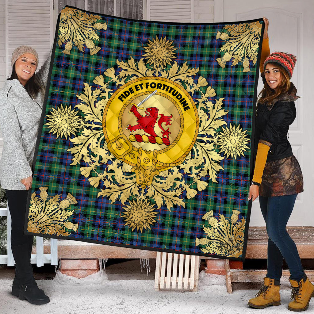 Farquharson Ancient Tartan Crest Premium Quilt - Gold Thistle Style