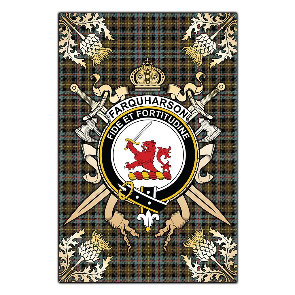 Farquharson Weathered Tartan Crest Black Garden Flag - Gold Thistle Style