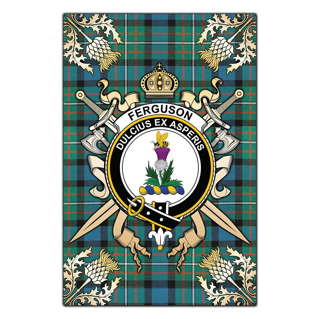 Ferguson Ancient Tartan Crest Black Garden Flag - Gold Thistle Style