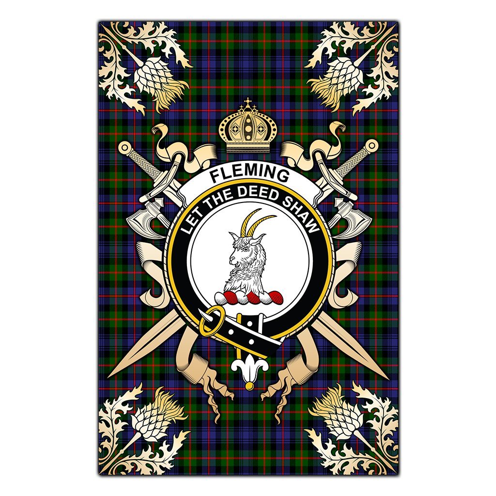 Fleming Tartan Crest Black Garden Flag - Gold Thistle Style