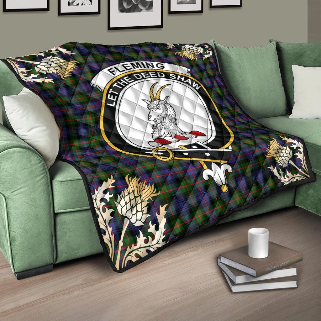 Fleming Tartan Crest Premium Quilt - Gold Thistle Style