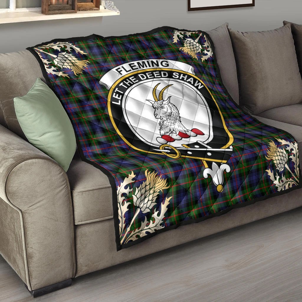 Fleming Tartan Crest Premium Quilt - Gold Thistle Style