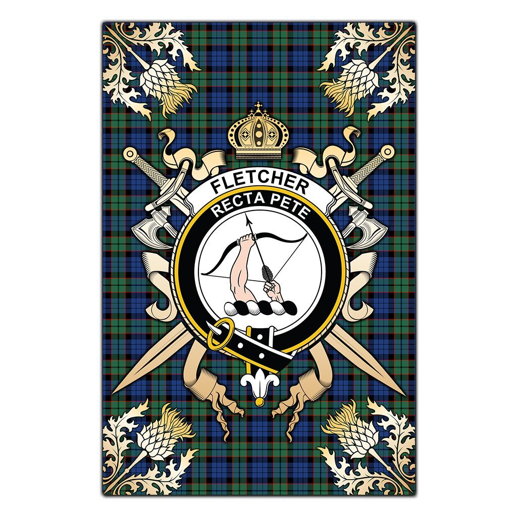 Fletcher Ancient Tartan Crest Black Garden Flag - Gold Thistle Style