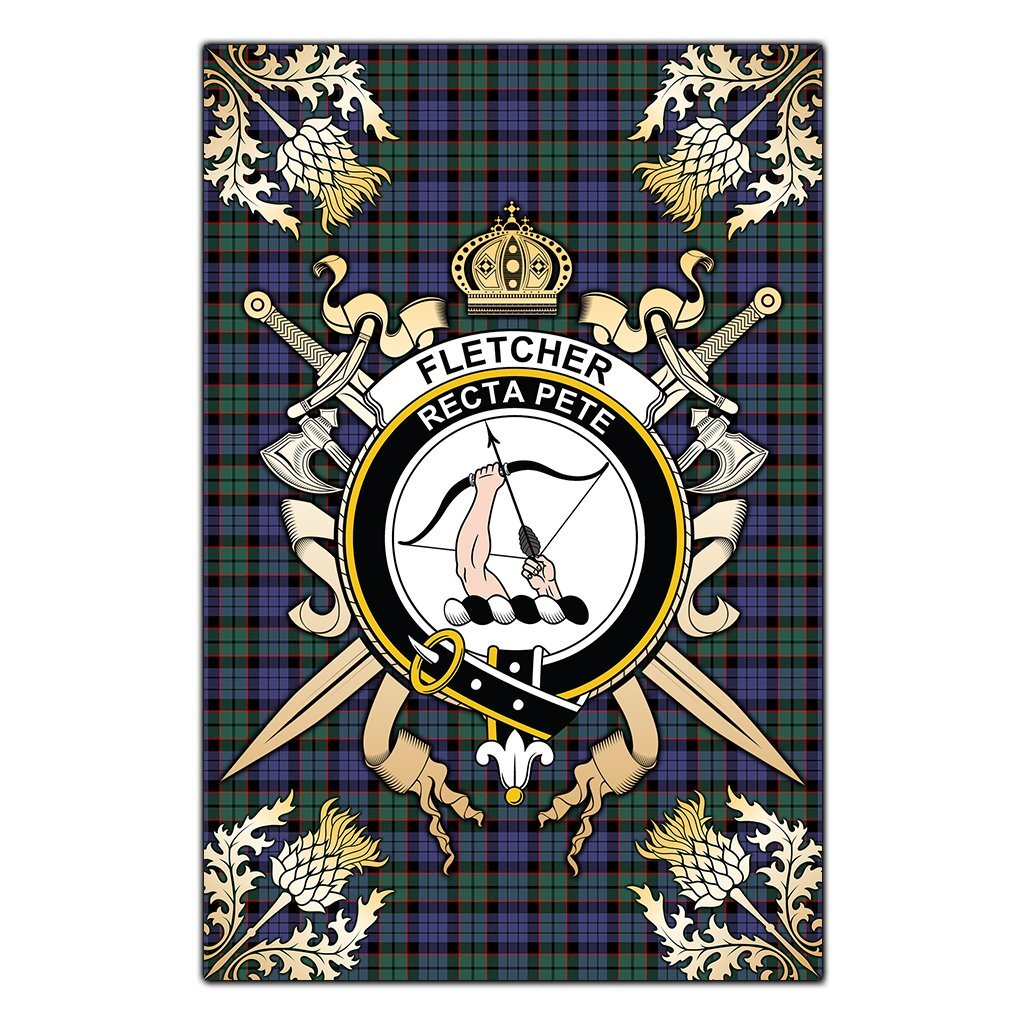 Fletcher Modern Tartan Crest Black Garden Flag - Gold Thistle Style