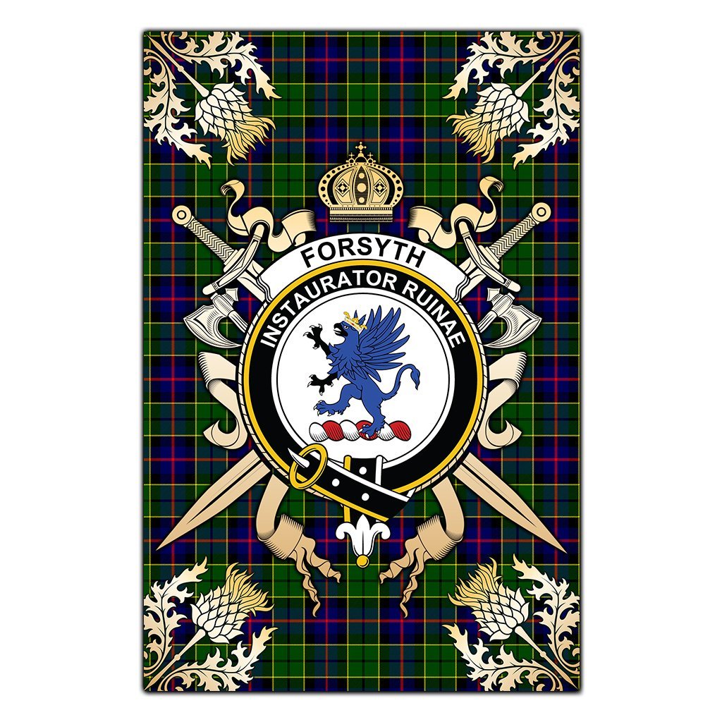 Forsyth Modern Tartan Crest Black Garden Flag - Gold Thistle Style