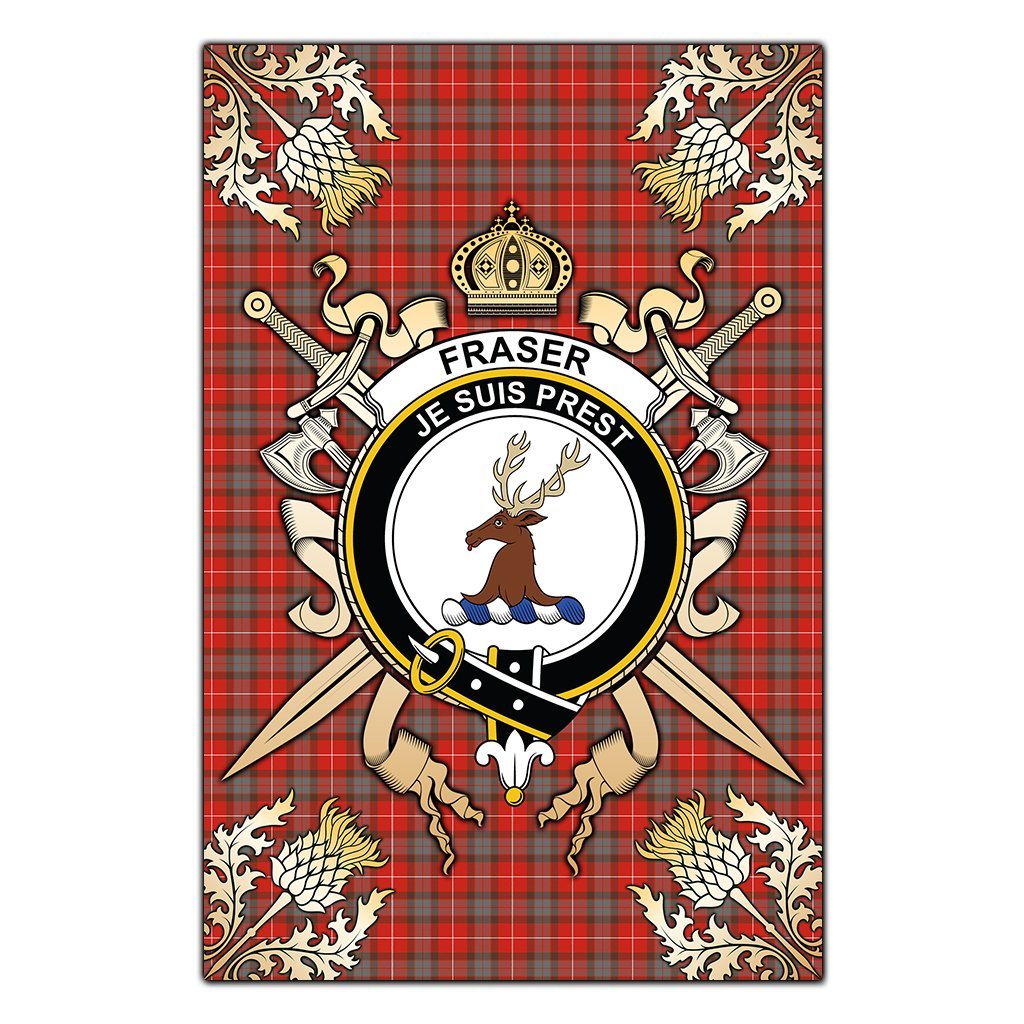 Fraser Weathered Tartan Crest Black Garden Flag - Gold Thistle Style