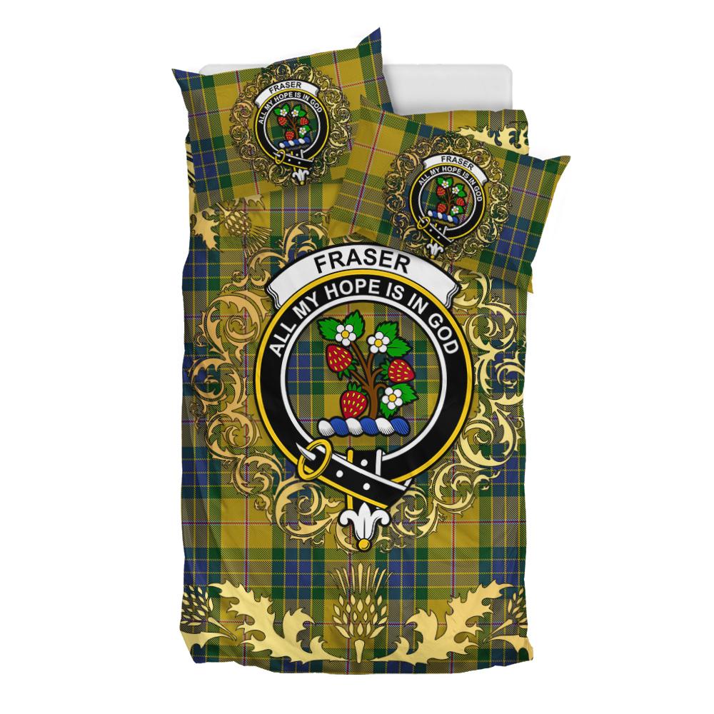 Fraser Yellow Tartan Crest Bedding Set - Golden Thistle Style