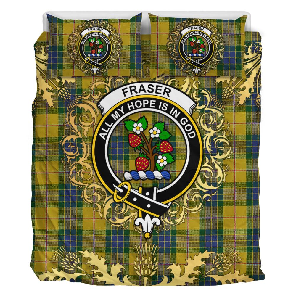 Fraser Yellow Tartan Crest Bedding Set - Golden Thistle Style