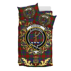 Fraser of Stratherrick Tartan Crest Bedding Set - Golden Thistle Style