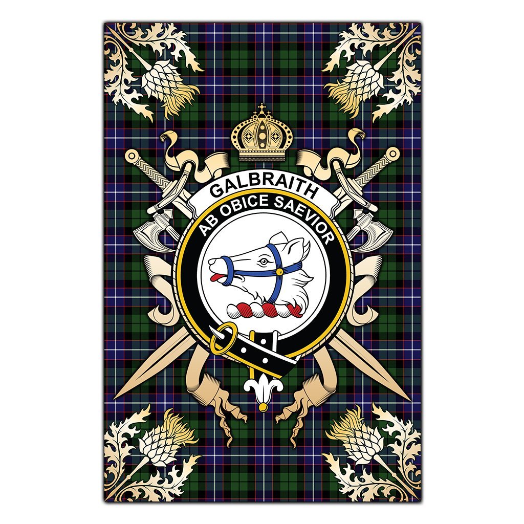 Galbraith Modern Tartan Crest Black Garden Flag - Gold Thistle Style
