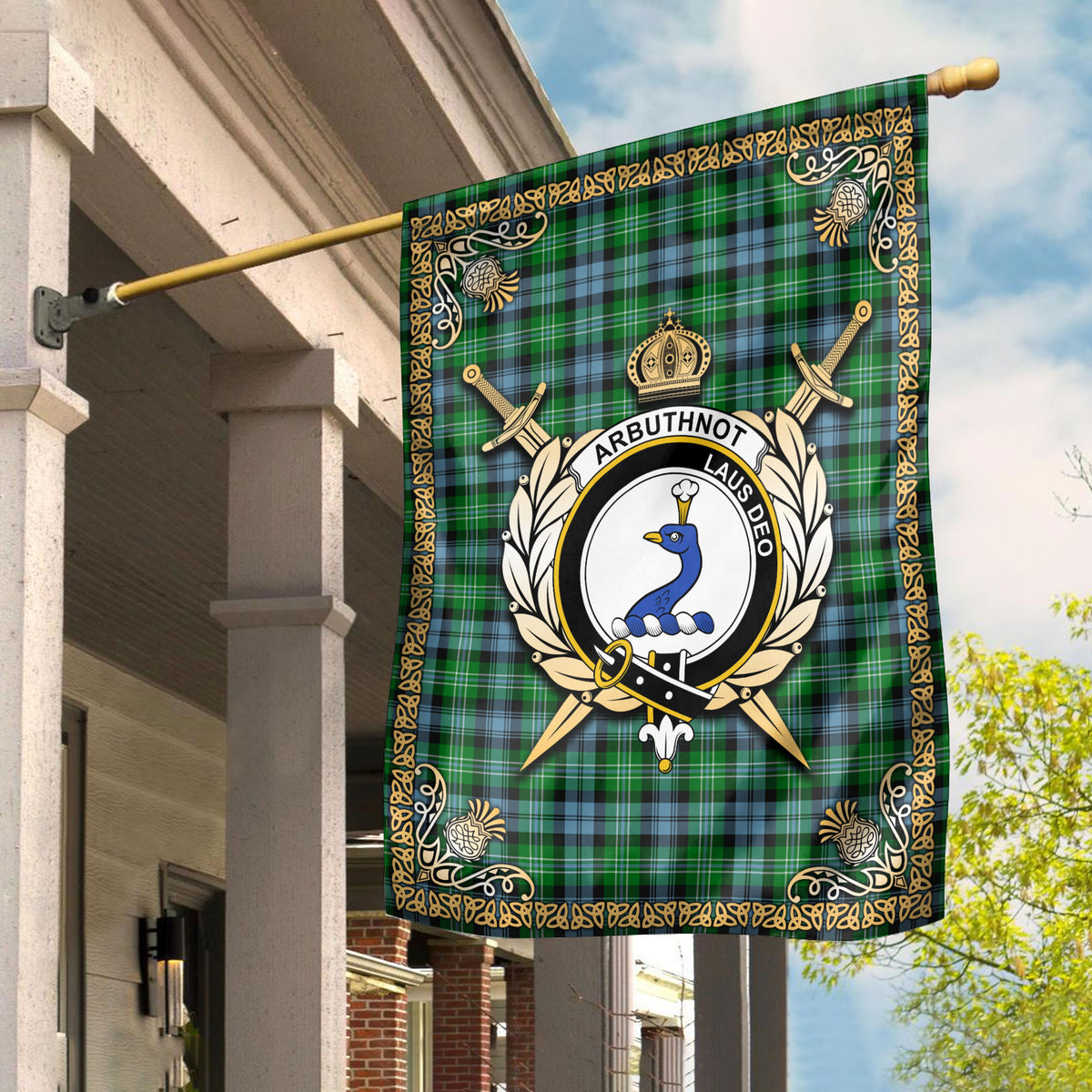 Arbuthnot Ancient Tartan Crest Garden Flag - Celtic Thistle Style
