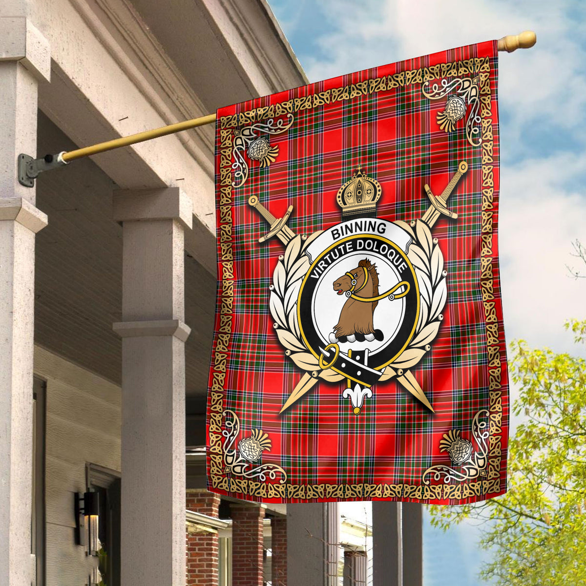 Binning (of Wallifoord) Tartan Crest Garden Flag - Celtic Thistle Style