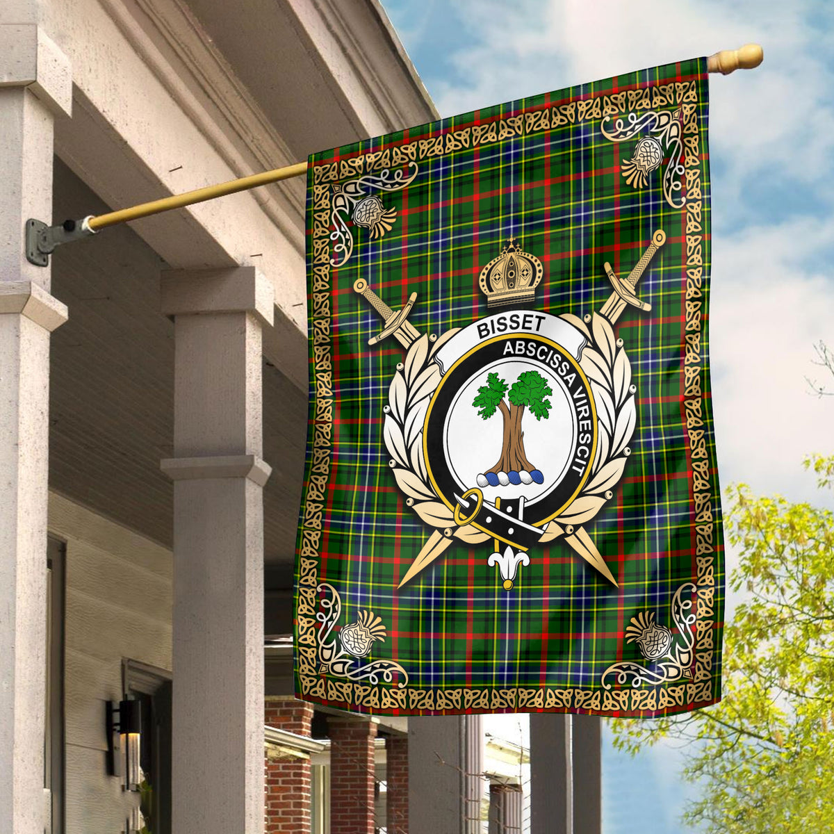 Bisset Tartan Crest Garden Flag - Celtic Thistle Style