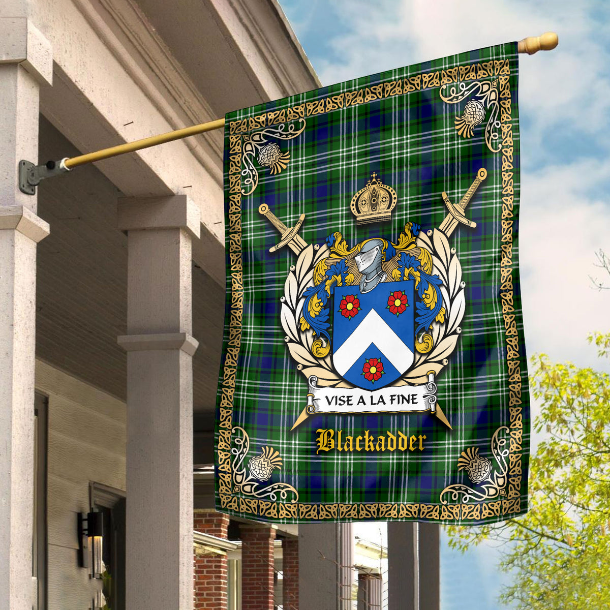 Blackadder Tartan Coat of Arms Garden Flag - Celtic Thistle Style