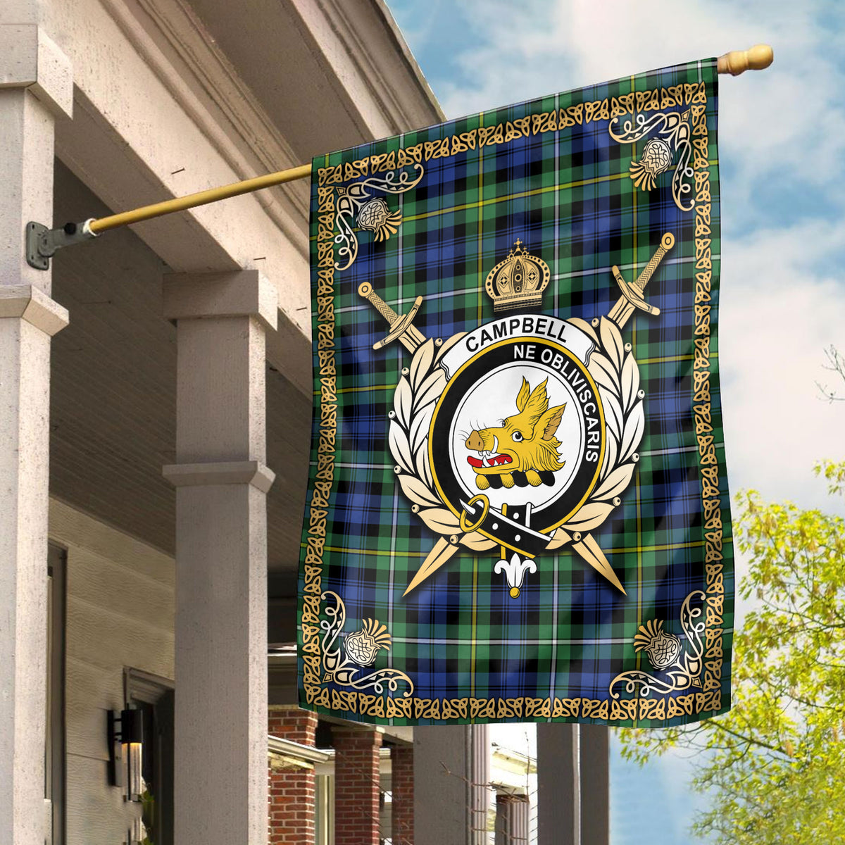 Campbell Argyll Ancient Tartan Crest Garden Flag - Celtic Thistle Style