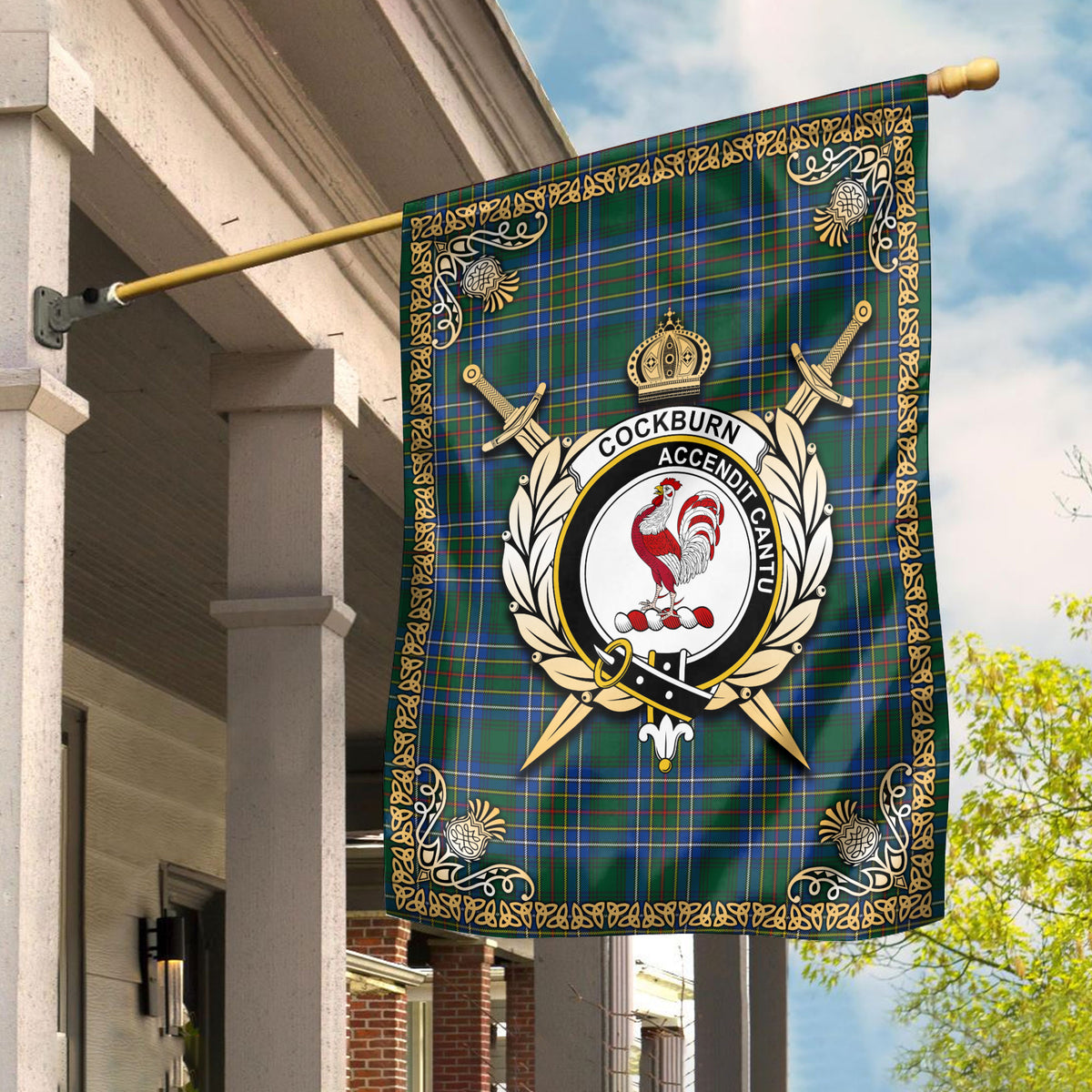 Cockburn Ancient Tartan Crest Garden Flag - Celtic Thistle Style