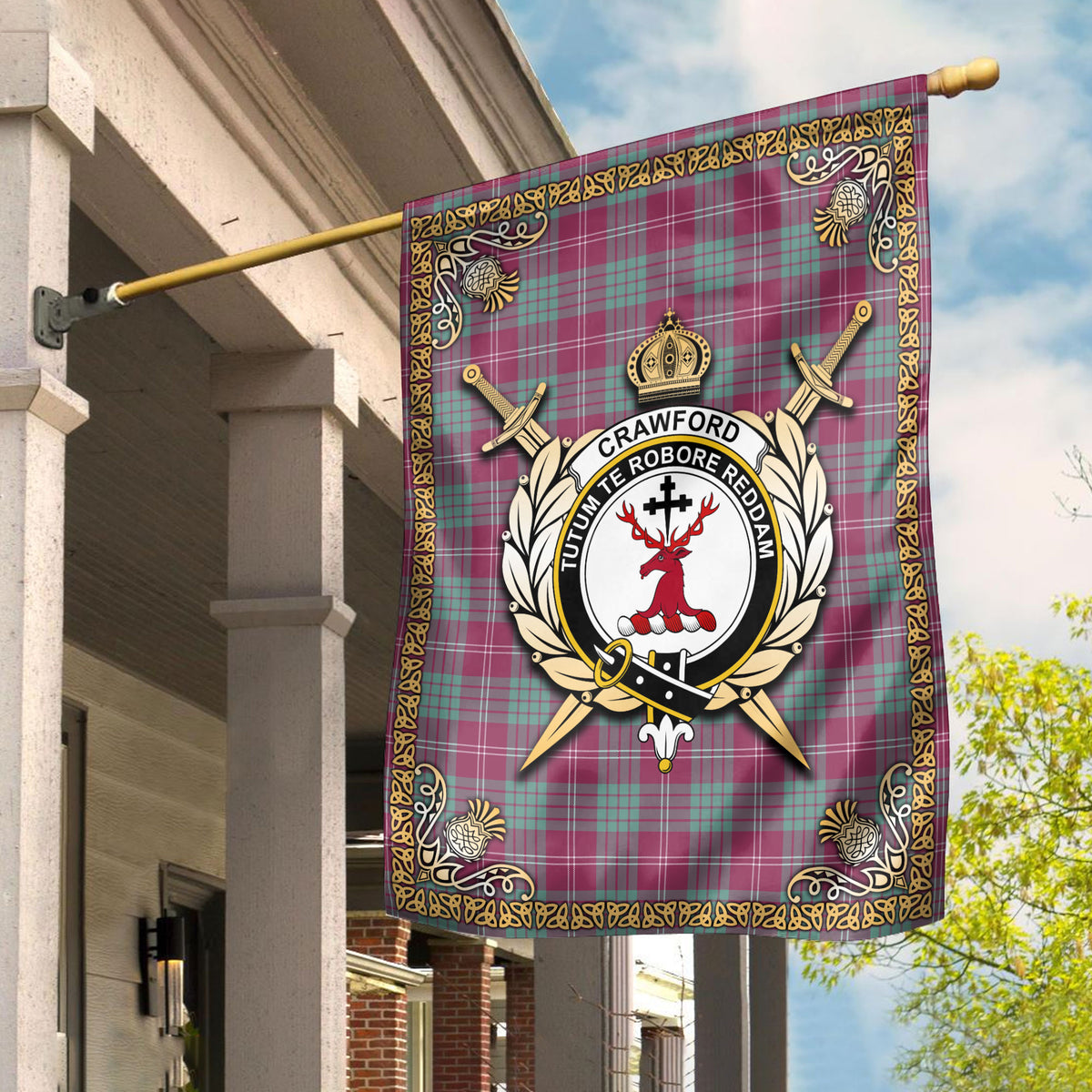 Crawford Ancient Tartan Crest Garden Flag - Celtic Thistle Style