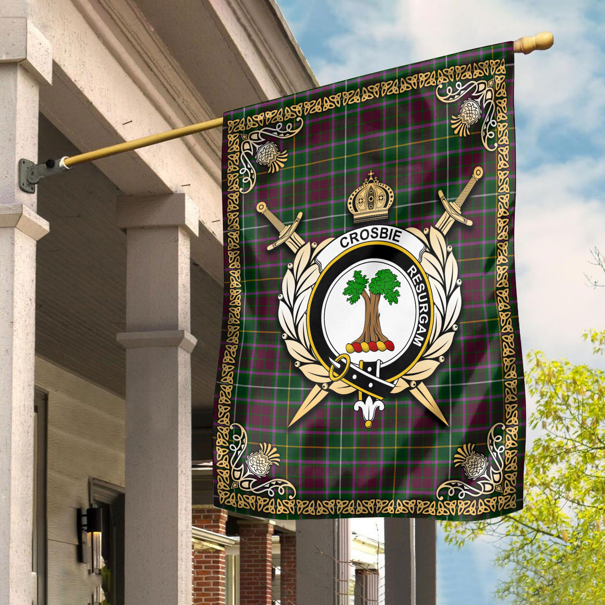 Crosbie (or Crosby) Tartan Crest Garden Flag - Celtic Thistle Style