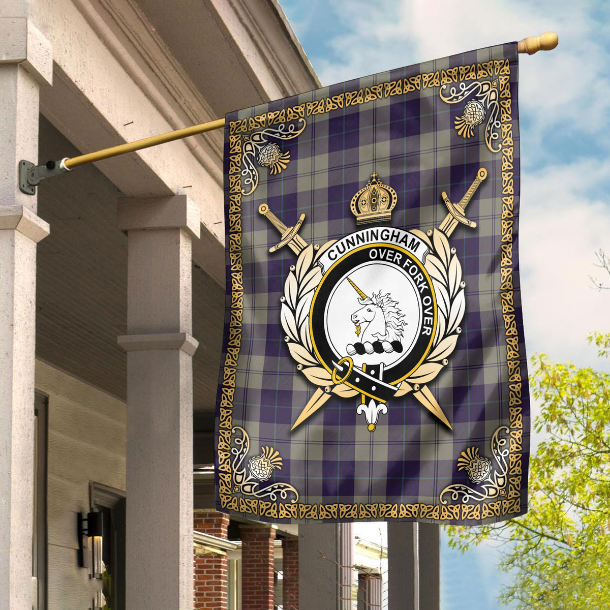 Cunningham Dress Blue Dancers Tartan Crest Garden Flag - Celtic Thistle Style