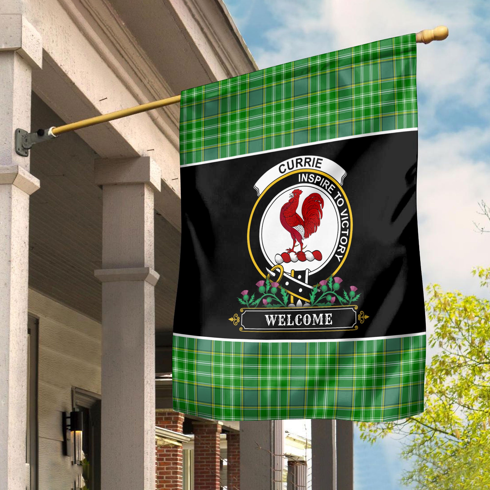 Currie or Curry Tartan Crest Garden Flag - Welcome Style