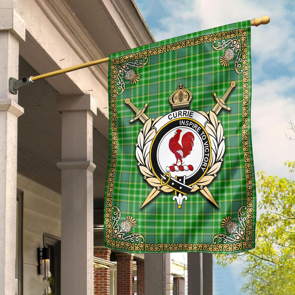 Currie or Curry Tartan Crest Garden Flag - Celtic Thistle Style