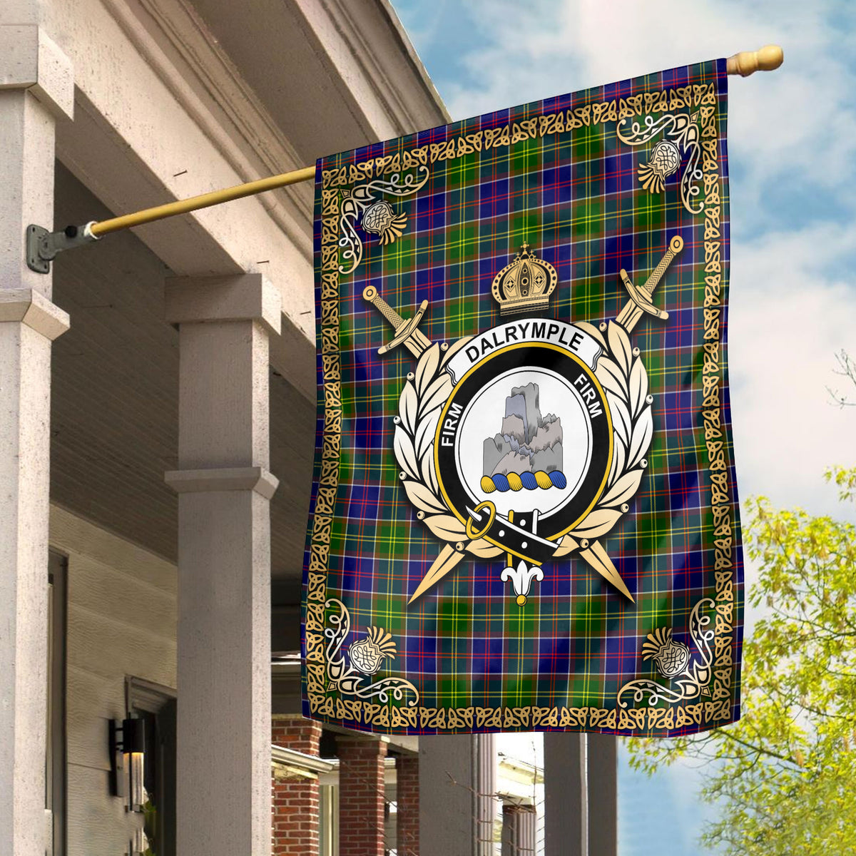 Dalrymple Tartan Crest Garden Flag - Celtic Thistle Style