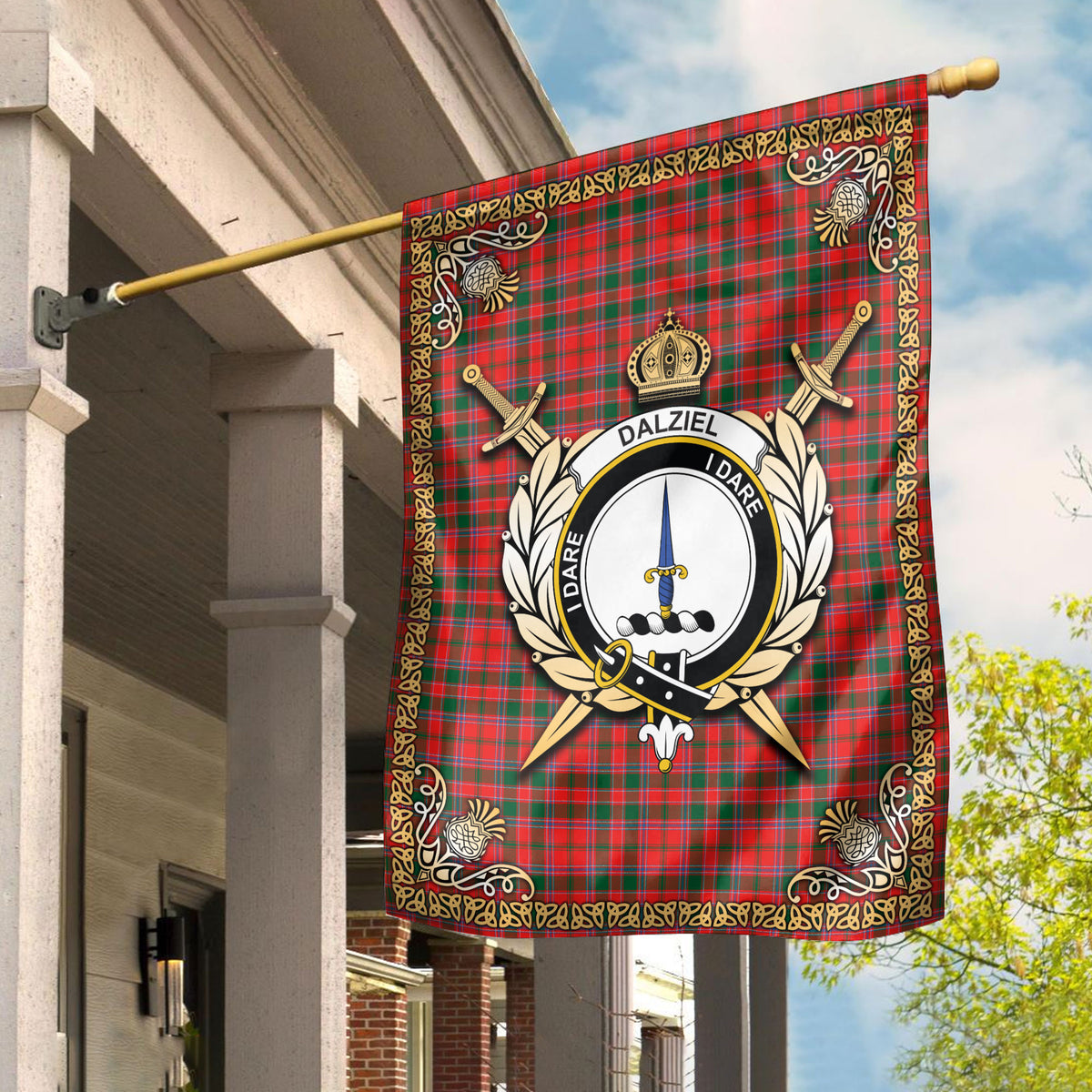 Dalziel Modern Tartan Crest Garden Flag - Celtic Thistle Style