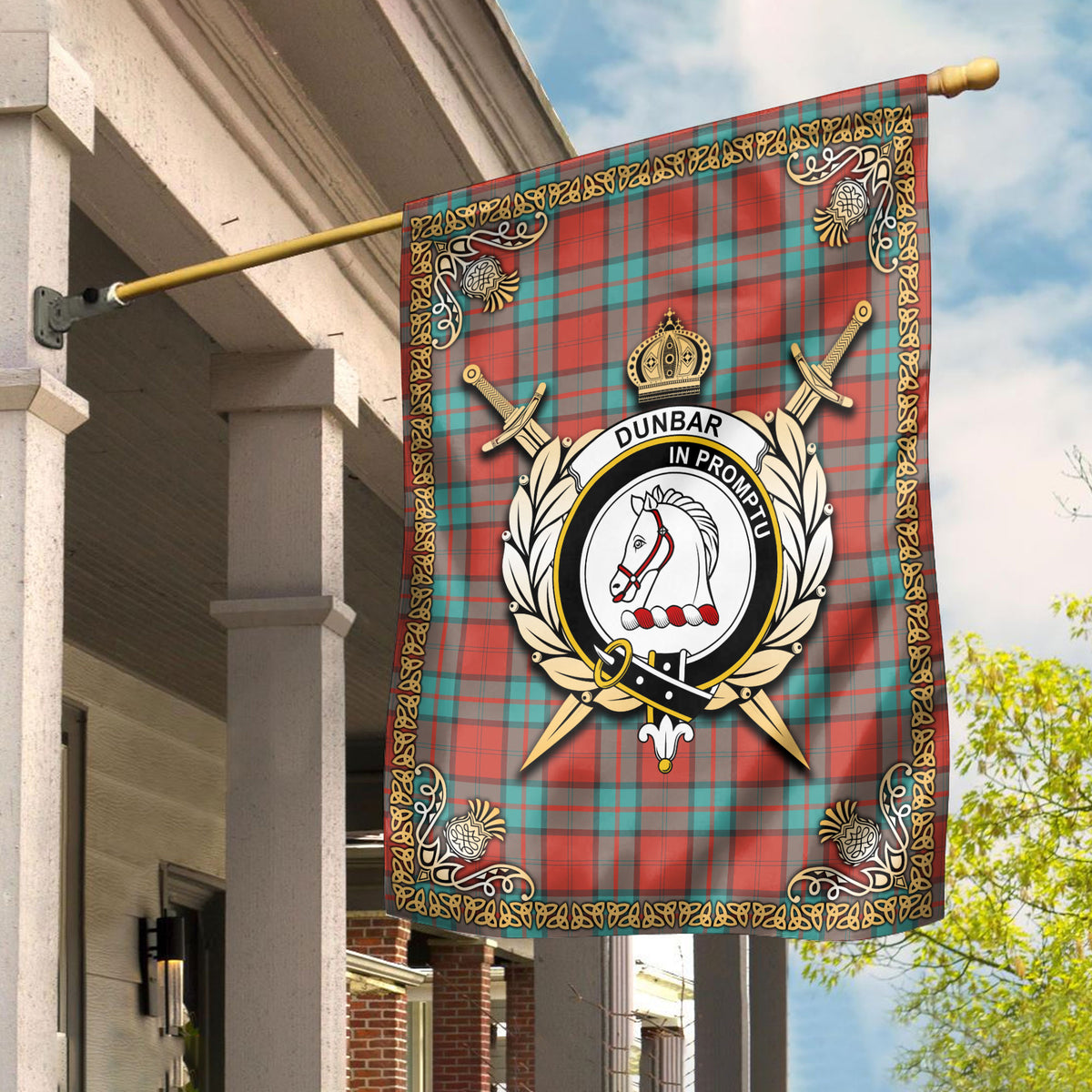 Dunbar Ancient Tartan Crest Garden Flag - Celtic Thistle Style
