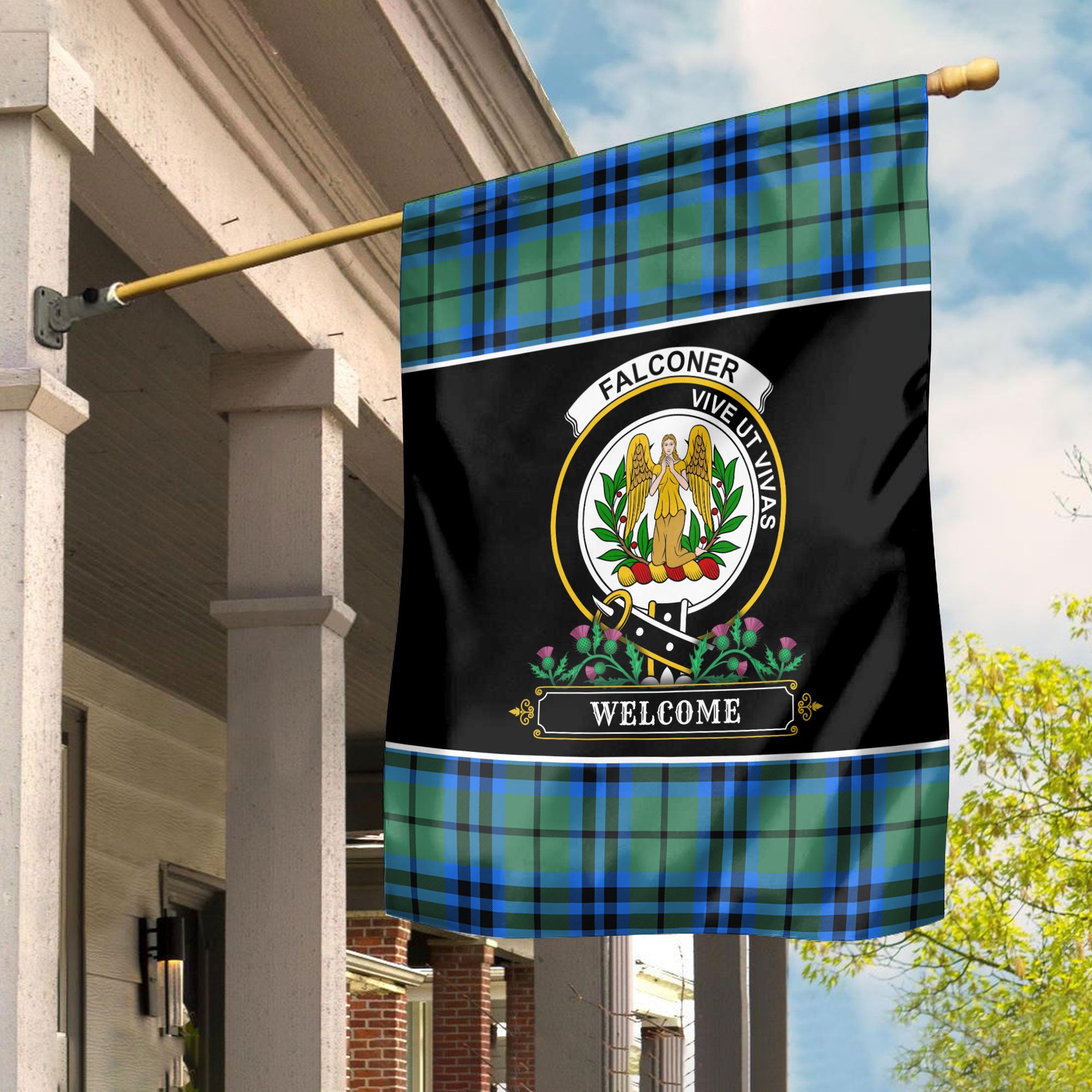 Falconer Tartan Crest Garden Flag - Welcome Style