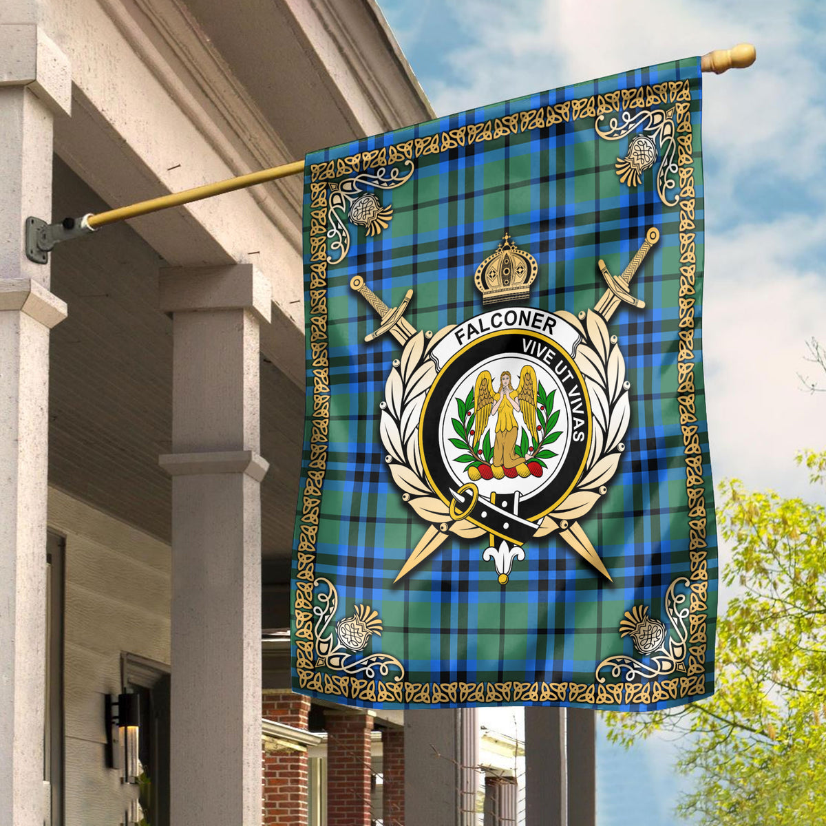 Falconer Tartan Crest Garden Flag - Celtic Thistle Style