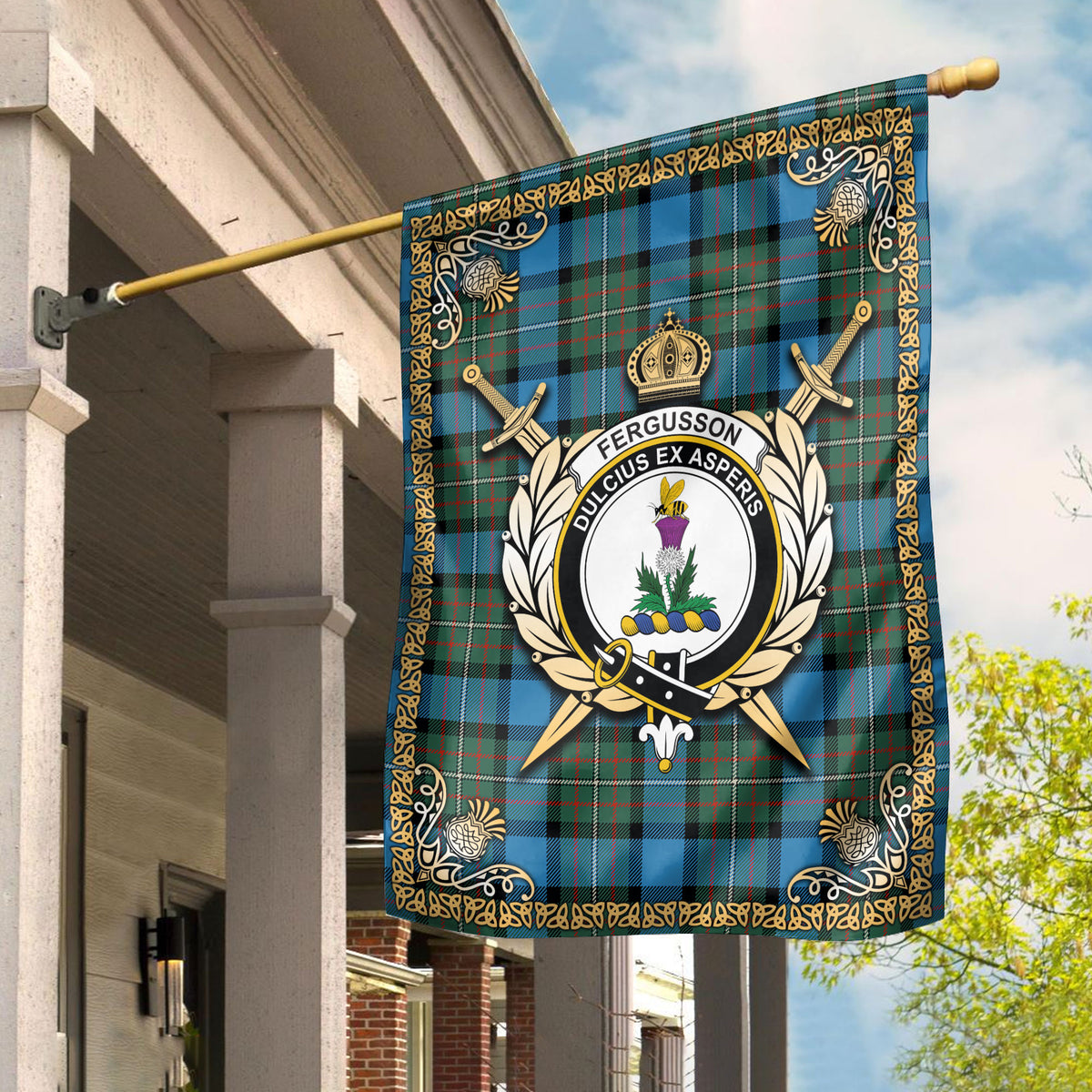 Fergusson Ancient Tartan Crest Garden Flag - Celtic Thistle Style