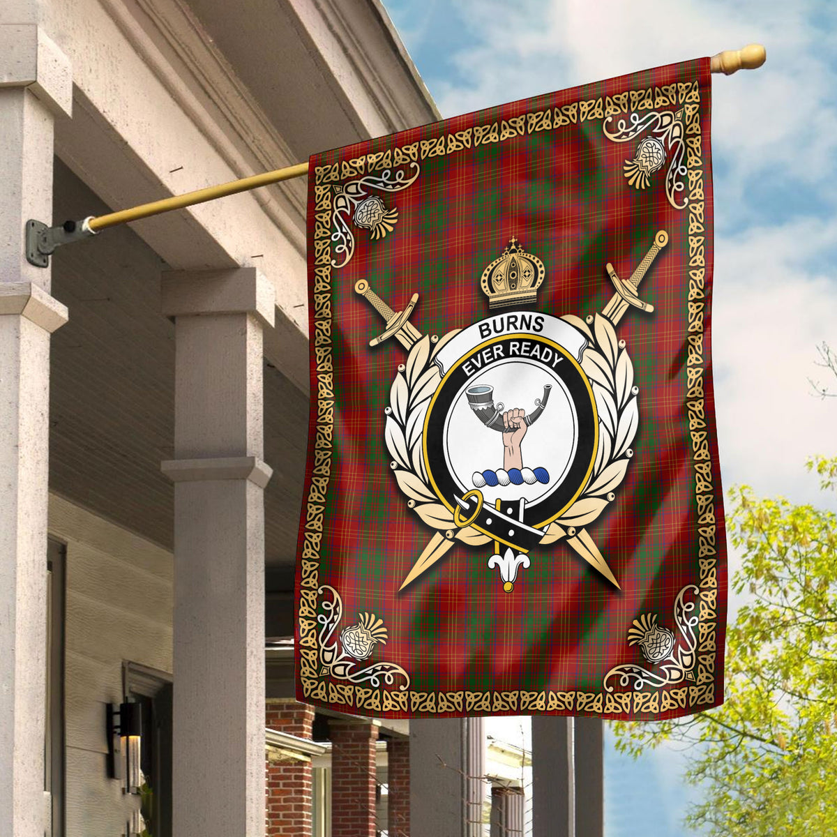 Burns Tartan Crest Garden Flag - Celtic Thistle Style