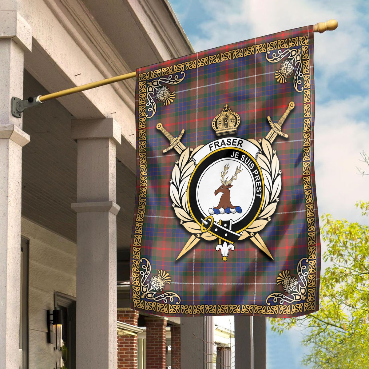 Fraser (of Lovat) Hunting Modern Tartan Crest Garden Flag - Celtic Thistle Style