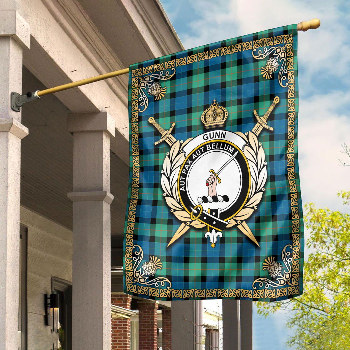 Gunn Ancient Tartan Crest Garden Flag - Celtic Thistle Style